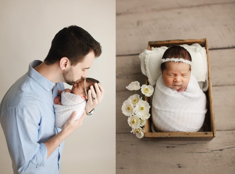 dad kissing newborn baby on head side by side with newborn swaddled in crate, prosper newborn photo session baby olivia