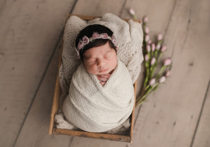 newborn swaddled in white in crate with flower, mckinney newborn photographer baby jana