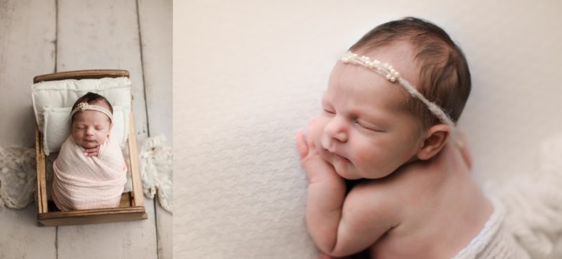 baby sleeping on hands wearing headband on white blanket, dallas newborn photography session baby giuliana
